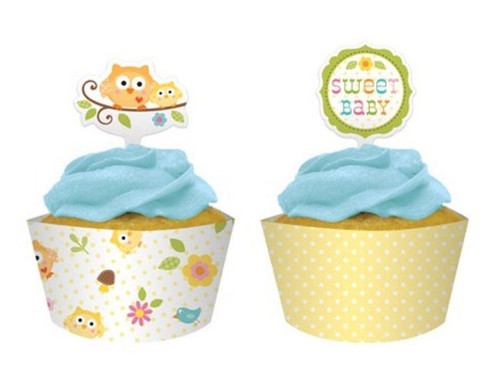 Happi Tree Baby Shower Sweet Baby Owl Decor 12 ct Cupcake Wrappers Picks