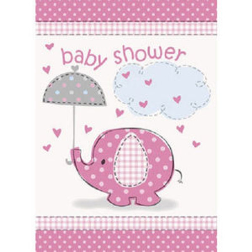 Umbrella Elephant Pink Girl Baby Shower 8 Invitations with Envelopes