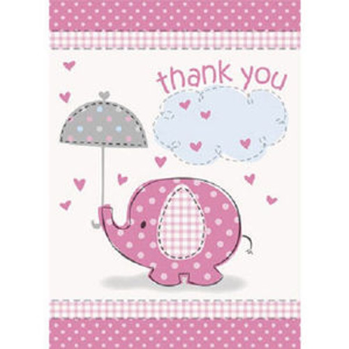 Umbrella Elephant Pink Girl Baby Shower 8 Thank Yous with Envelopes