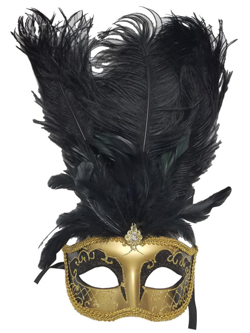 Gold Black Jewel Venetian Masquerade Mardi Gras Feather Mask