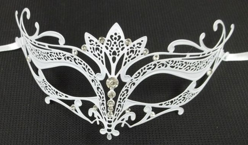 White Crystal Tiara Laser Cut Venetian Mask Masquerade Metal Filigree