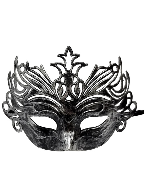 Pewter Antique Silver Venetian Laser Cut Mardi Gras Masquerade Half Mask Crown