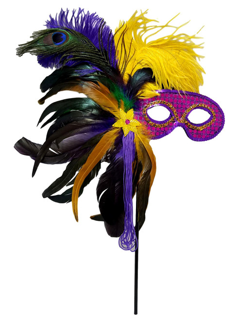 Purple Green Yellow Feather Masquerade Ball Decor Mardi Gras Party Stick Mask