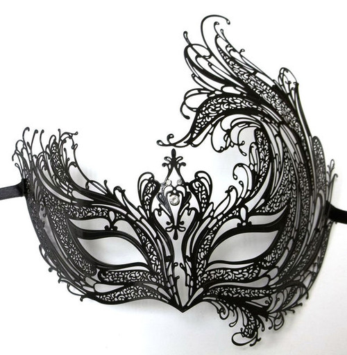 Black Bird of Paradise Crystal Laser Cut Venetian Masquerade Metal Filigree Mask