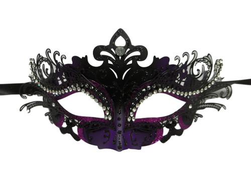 Purple Black Laser Cut Metal Filigree Venetian Mask Masquerade Rhinestone Gem