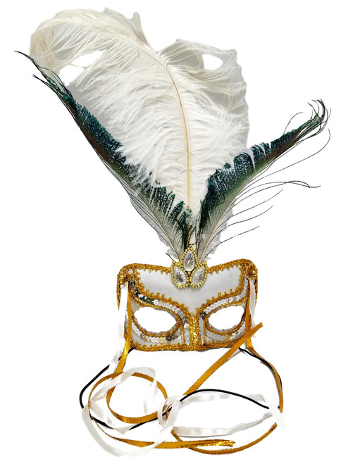 White Gold Jewel Fabric Feather Masquerade Mardi Gras Mask