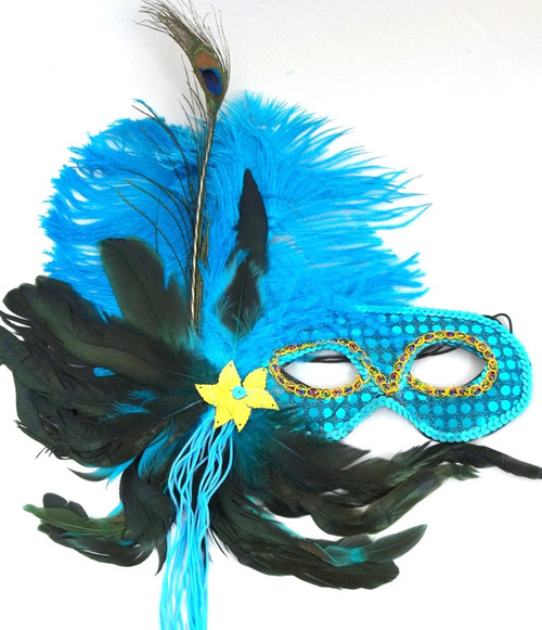 Turquoise Peacock Ostrich Feather Masquerade Mardi Gras Mask