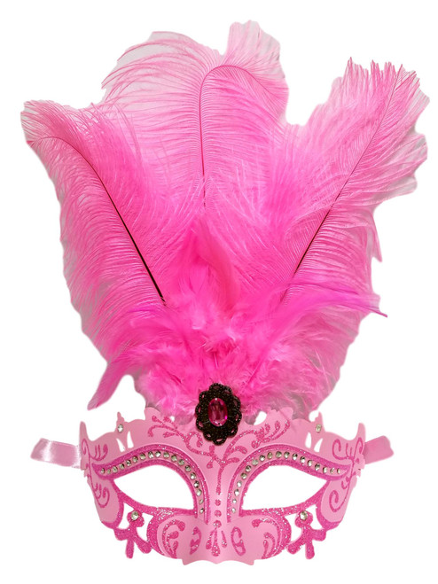 Hot Pink Princess Oval Feather Mardi Gras Mask