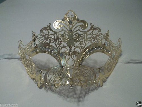 Gold Laser Cut Crystal Venetian Mask Masquerade Ball Metal Filigree Wedding