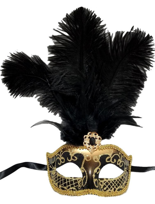 Gold Black Feather Venetian Masquerade Mardi Gras Jewel Gem Mask 12" New Gold Black Feather Venetian Masquerade Mardi Gras Jewel Gem Mask 12" New