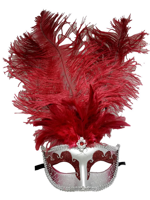 Dark Red Silver Mardi Gras Prom Venetian Feather Mask Dark Red Silver Mardi Gras Prom Venetian Feather Mask