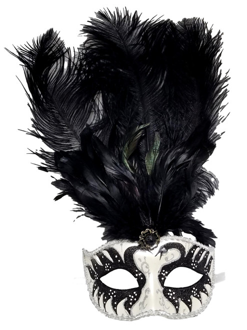 Black Silver Pearl Venetian Feather Masquerade Ball Dance Carnival Mask