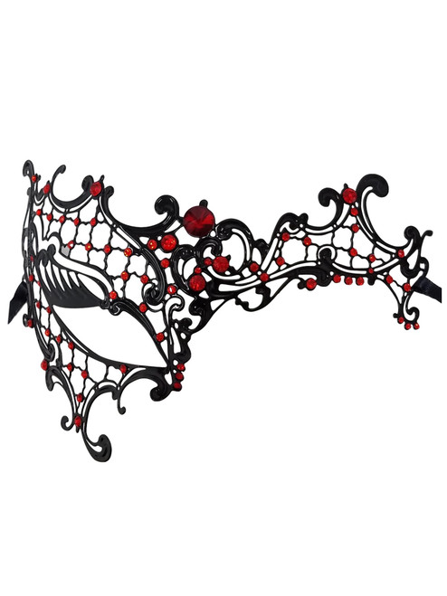 Black Red Rhinestone Phantom Masquerade Metal Laser Filigree Mask Black Red Rhinestone Phantom Masquerade Metal Laser Filigree Mask
