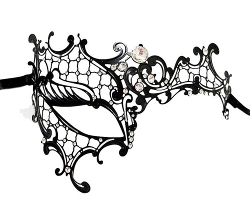 Black Phantom Laser Cut Venetian Half Mask Masquerade Metal Filigree Halloween