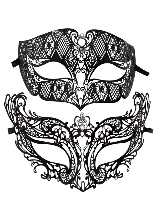 Black Laser Cut Venetian Masquerade Metal Filigree Mask Men Woman Combo Set