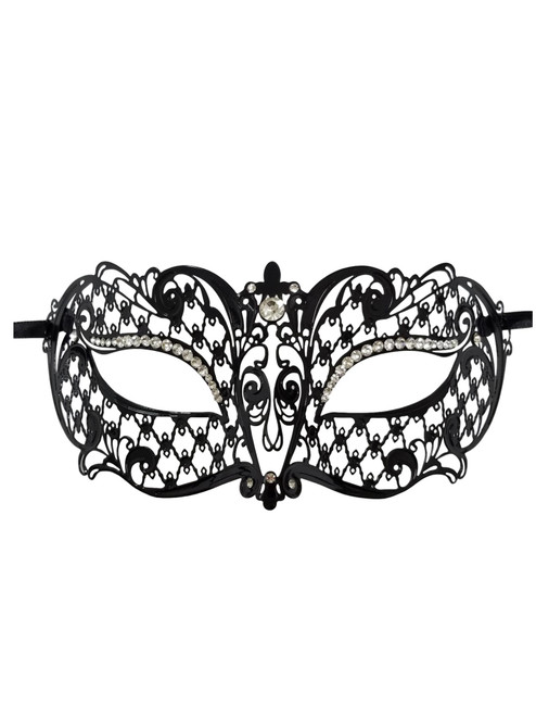 Black Crystal Laser Cut Venetian Mask Masquerade Ball Halloween Metal Filigree