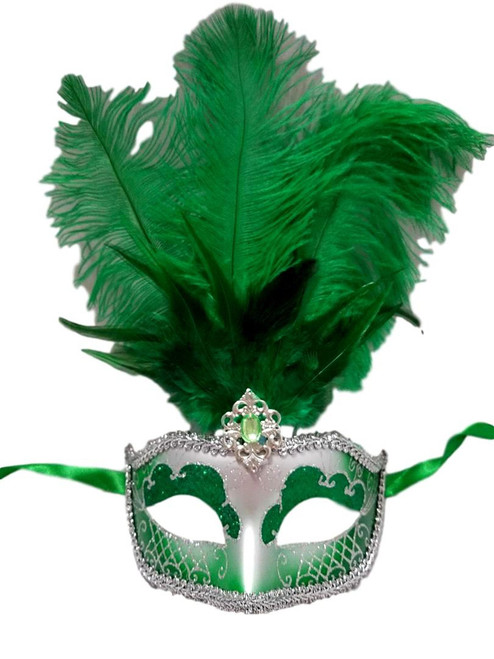 Bright Green Silver Feather Venetian Mask Masquerade Mardi Gras Jewel Gem 12" Bright Green Silver Feather Venetian Mask Masquerade Mardi Gras Jewel Gem 12"