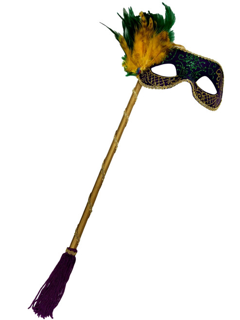 Purple, Green, Gold Venetian Feather Stick Mask Masquerade Prom Mask Purple, Green, Gold Venetian Feather Stick Mask Masquerade Prom Mask