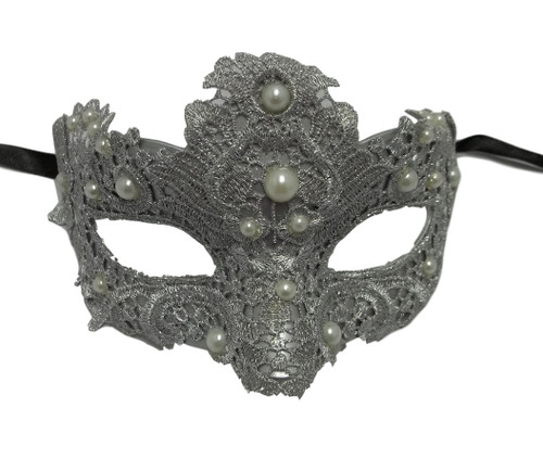 Silver Pearl Macrame Brocade Lace Venetian Masquerade Mardi Gras Mask Silver Pearl Macrame Brocade Lace Venetian Masquerade Mardi Gras Mask