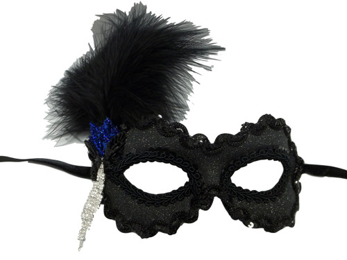 Soiree' in Royal Blue and Black Feather Beaded Masquerade Mask