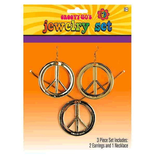 Peace Sign Medallion Necklace and Earrings Set Groovy 60s Hippie