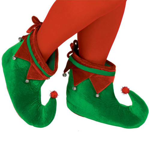 Adult Plush Elf Shoes One Size with Jingle Bells, Red Green Adult Plush Elf Shoes One Size with Jingle Bells, Red Green