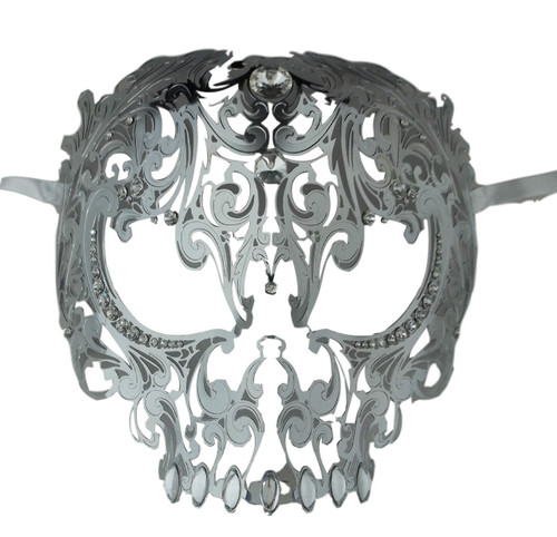 Silver Skull Metal Laser Cut Masquerade Prom Mask Clear Crystals Silver Skull Metal Laser Cut Masquerade Prom Mask Clear Crystals