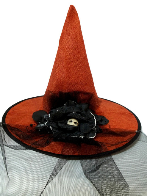 Orange Burlap Veil Bow Skull Flower Halloween Witch Hat