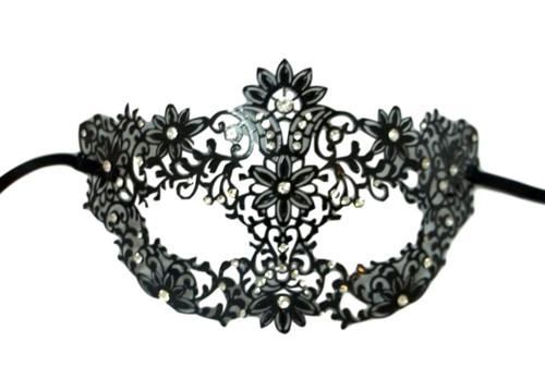 Black Flower Crystals Laser Cut Venetian Mask Masquerade Metal Filigree Black Flower Crystals Laser Cut Venetian Mask Masquerade Metal Filigree