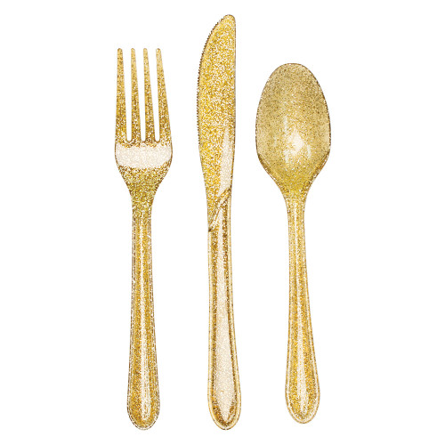 Glitz Glittering Gold Plastic 24 Pc Asst Cutlery Forks Knives Spoons