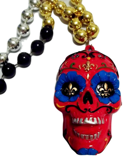 Red Sugar Skull Day of the Dead Mardi Gras Beads Party Favor Necklace