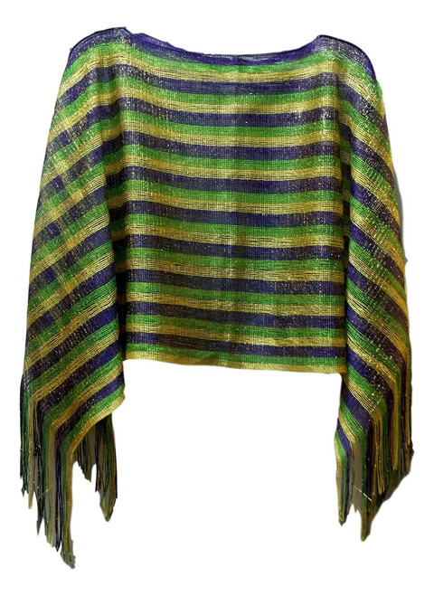 Mardi Gras Poncho Purple Green Gold Open Weave with Fringe