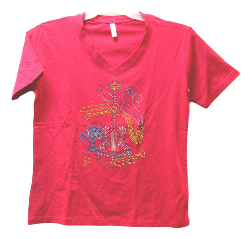 Pink V Neck Knit SS T Shirt XXXL Adult 3X Musical Instruments Bling Applique