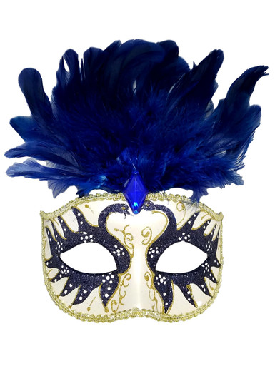 Navy Blue Gold Pearl Venetian long Feather Masquerade Ball Dance Mask
