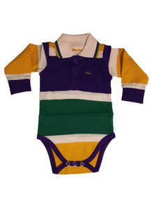 Mardi Gras Purple Green Yellow Big Stripe 3/6 Mth Baby Infant Long Sleeve Romper