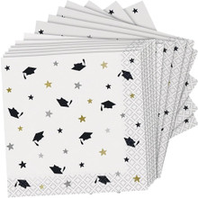 Stars and Caps Black White 16 Ct Graduation Beverage Cocktail Napkins