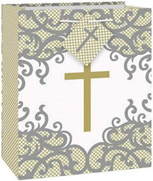 Fancy Gold Cross Glossy Gift Bag Medium Baptism Wedding 50th Anniversary