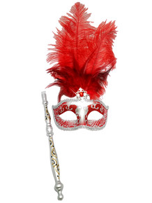 Red Silver Venetian Stick Mask Removeable Masquerade Prom Mask