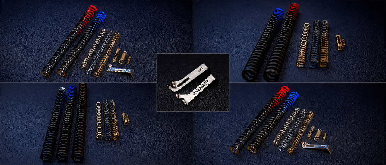 IronKells Alpha Pack Glock spring kits arranged on a dark workbench
