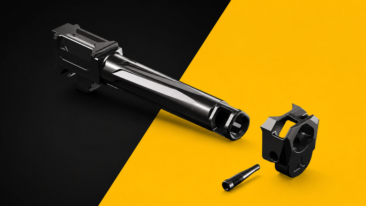 Radian Ramjet barrel and Afterburner compensator on a black and yellow background