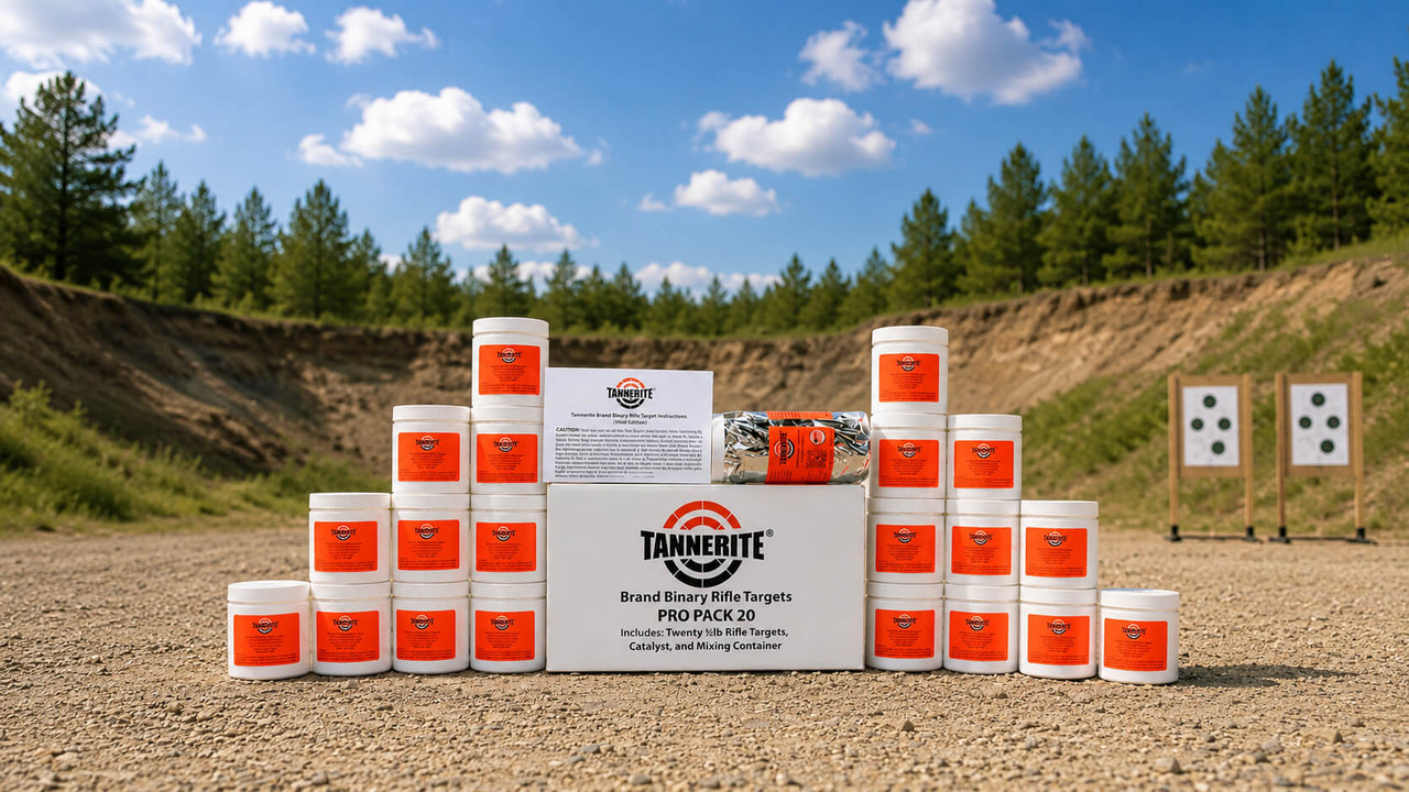 Tannerite binary rifle targets displayed at an outdoor shooting range