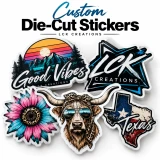 Custom die-cut vinyl stickers featuring colorful business logos, unique artwork, and personalized designs with precision-cut edges.