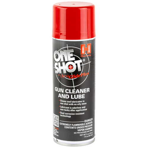 One Shot gun cleaner 5 oz aerosol can on a workbench