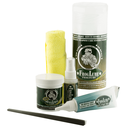 complete FrogLube weapons care kit in carry tube packaging