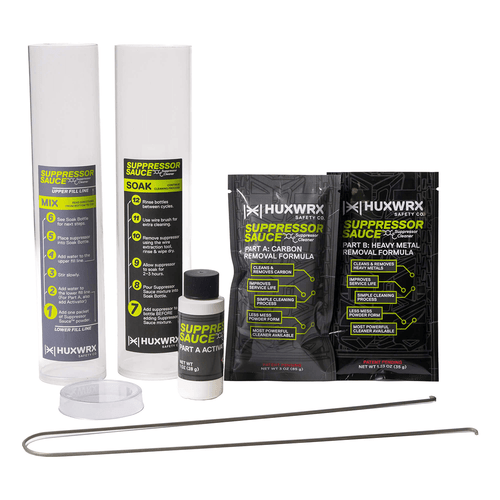 HUXWRX Suppressor Sauce cleaning kit with bottles, packets, and wire tool