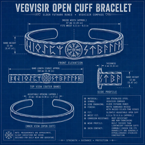 Adjustable Vegvisir bracelet with Viking rune engraving and rugged steel finish schematic