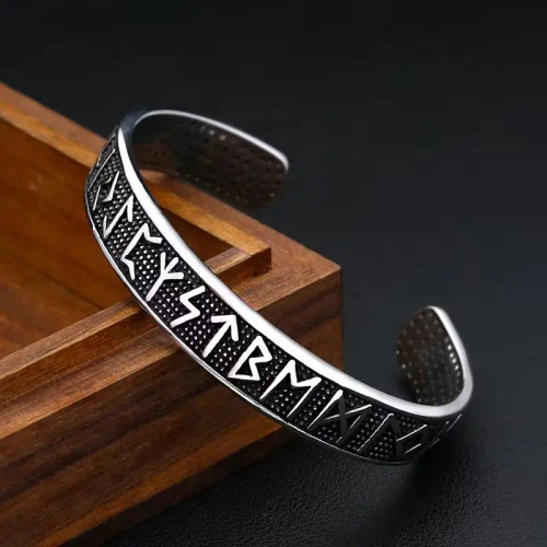 IronKells Armory Viking Bracelet Eternity cuff in stainless steel with engraved runes