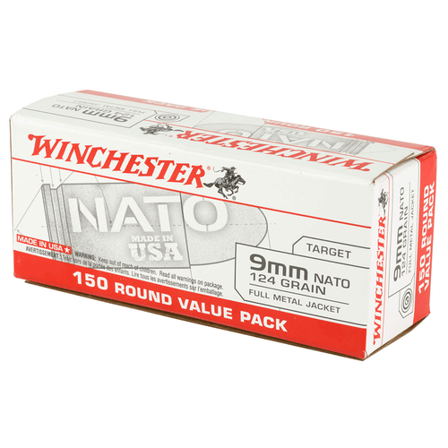 Winchester USA 9mm NATO 124gr FMJ 150-round box front view