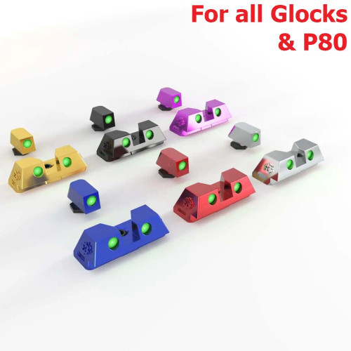 Black, Blue, Gold, Red, Silver Cross Armory standard 3-point fiber sights for Glock standard dovetail slides