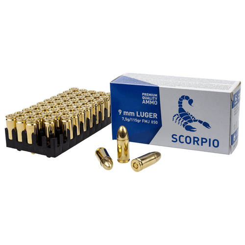 Scorpio 9mm 115 grain full metal jacket ammo box side label close-up